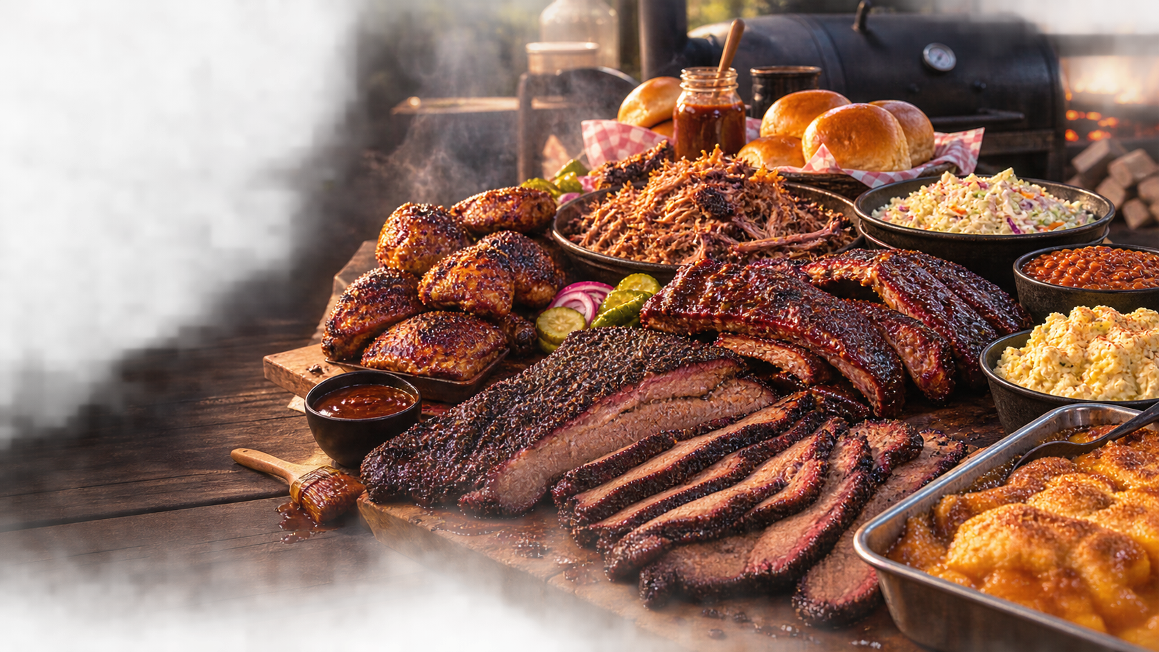 Mo'Licious BBQ catering spread with brisket, ribs, pulled pork, chicken thighs, sides, rolls, sauce, and cobbler